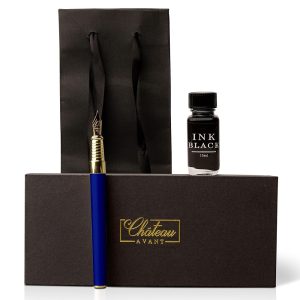 Premium Fountain Pen Reward Set – Nice Nib Fountain Pen with Black Ink – Refillable Ink Set Included – Excellent Items for Him or Her – Full Pen and Ink Equipment – Blue