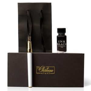 Premium Fountain Pen Present Set – Contains Nice Nib Fountain Pen with Black Ink – Refillable Ink Set – Excellent Items for Him or Her – Full Pen and Ink Assortment – White