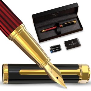 Premium Fountain Pen Set – Writing Fountain Pens with Clean Medium Nib – Comes with Refillable Ink Converter and three Ink Cartridges (Black & Blue) in an Elegant Reward Field -…